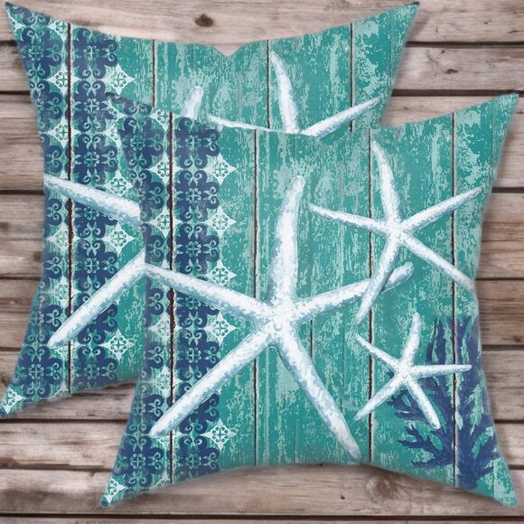 Beach Pillow Covers 2 Soft Cases Set Cottage Decor Coastal Nautical Decoration - Picture 5 of 7